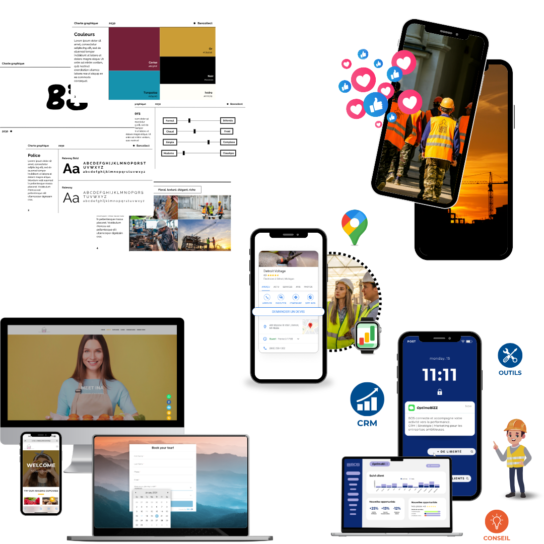 Illustration des modules Optima (Web, Pulse, Com, Visi) pour améliorer la visibilité en ligne, le référencement et la notoriété locale des entreprises.