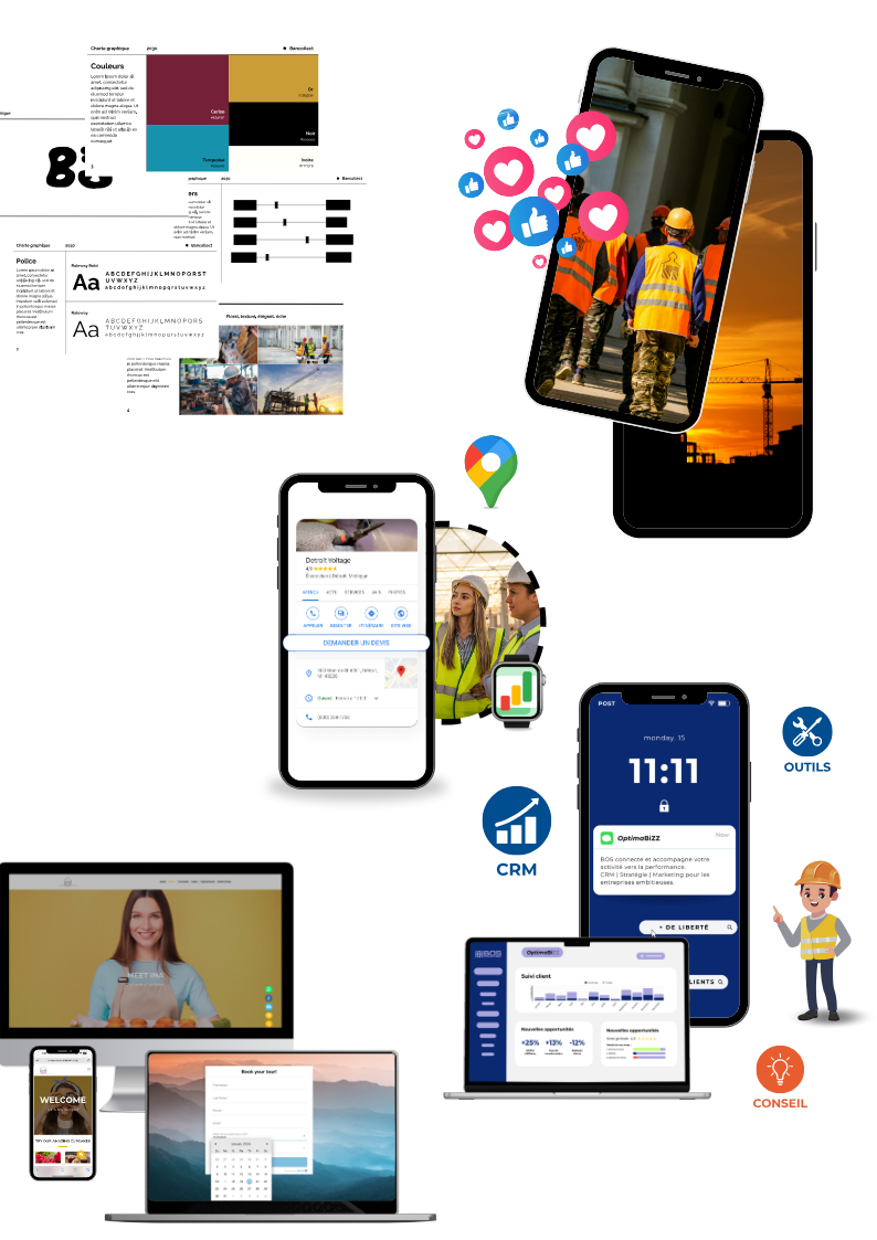 Illustration des modules Optima (Web, Pulse, Com, Visi) pour améliorer la visibilité en ligne, le référencement et la notoriété locale des entreprises.