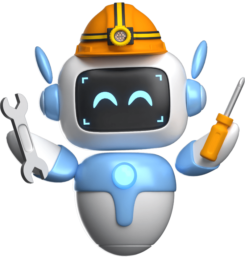Robot chantier mascotte d'OptimaBizz, symbole de la digitalisation et de l'innovation dans le secteur du BTP.